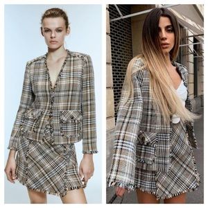 NWT Zara Checked Frayed Plaid Tweed Blazer